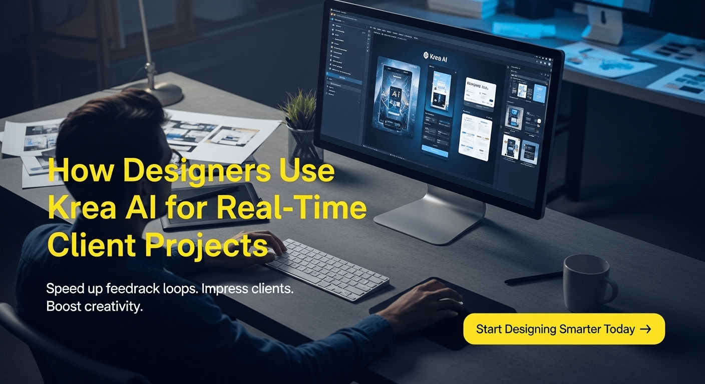 Ultra-modern digital workspace featuring a designer using Krea AI on a sleek monitor — screen shows AI-generated designs in real-time. Background includes design sketches, tablet, and coffee mug on a desk. Style: cinematic lighting, clean UX interface on screen. Foreground text in bold yellow: ‘How Designers Use Krea AI for Real-Time Client Projects’. Subheadline in white below: ‘Speed up feedback loops. Impress clients. Boost creativity.’ CTA button (bottom right): ‘Start Designing Smarter Today →’ in yellow. Aspect ratio: 16:9.”