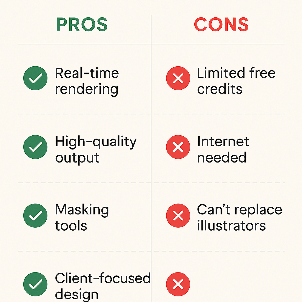 Split infographic: left side PROS with green check icons (real-time rendering, high-quality output, masking tools, client-focused design), right side CONS with red cross icons (limited free credits, internet needed, can’t replace illustrators). Background: light, clean. Heading: ‘Krea AI – Pros & Cons for Designers’ in yellow