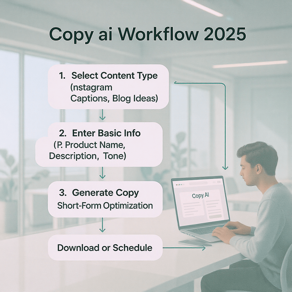 Clean and professional flowchart showing Copy.ai content creation workflow in five steps. Step 1: Select Content Type (Instagram Captions, Blog Ideas), Step 2: Enter Basic Info (Product Name, Description, Tone), Step 3: Generate Copy Variations, Step 4: Short-Form Optimization, Step 5: Download or Schedule. Design with minimalistic soft rounded boxes, balanced spacing, neat arrows between steps, pastel green and white color theme. Make sure text inside boxes is sharp and fully visible, no clipping or overflow. Add a futuristic Indian workspace in the background with a young creator working on a laptop showing the Copy.ai interface. Header text: ‘Copy.ai Workflow 2025’ in clean sans-serif font, placed at top with ample margin.