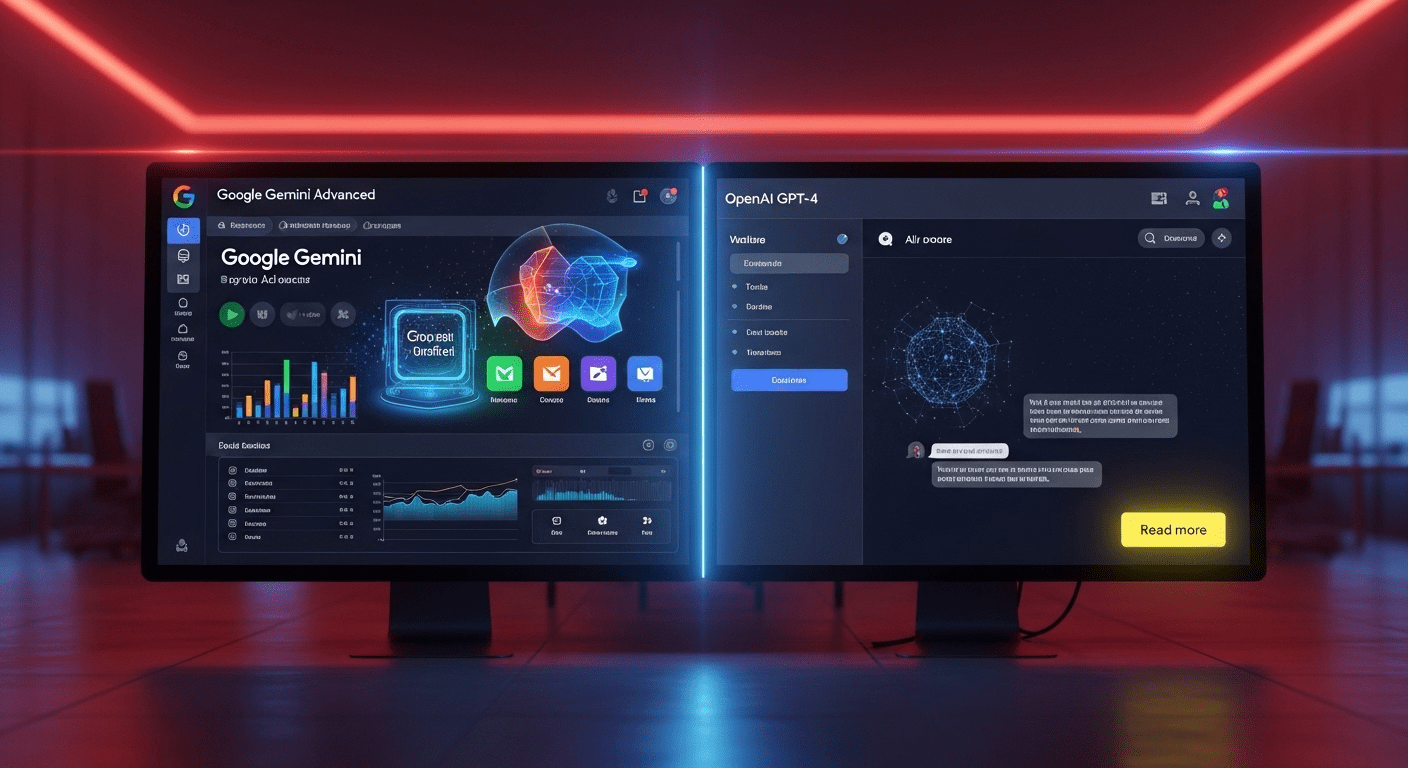 “Cinematic ultra-wide illustration: Split-screen. Left shows Google Gemini Advanced dashboard glowing with text, image, and video icons. Right shows OpenAI GPT‑4 interface with a chat window. Futuristic office background, sleek red and blue lighting