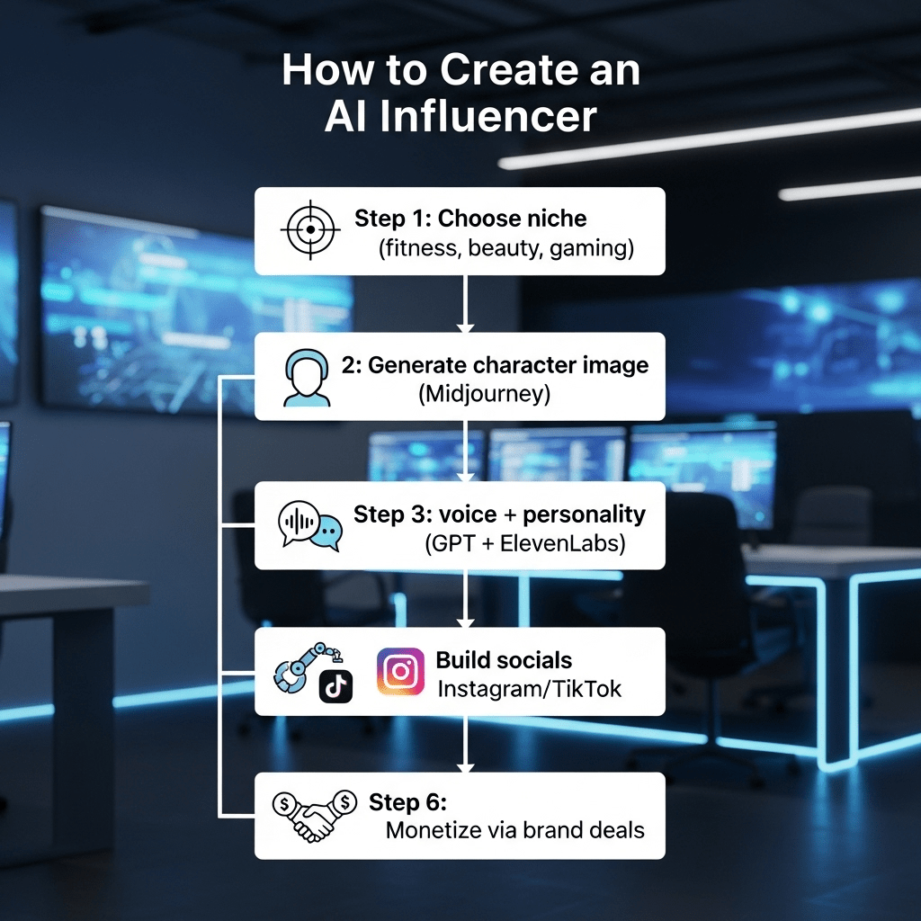 Vertical flowchart showing how to create an AI influencer from scratch — Step 1: Choose niche (fitness, beauty, gaming), Step 2: Generate character image (Midjourney), Step 3: Create voice + personality (GPT + ElevenLabs), Step 4: Build socials (Instagram/TikTok), Step 5: Automate posts, Step 6: Monetize via brand deals. Background: modern tech studio, clean fonts, icons for each step.”