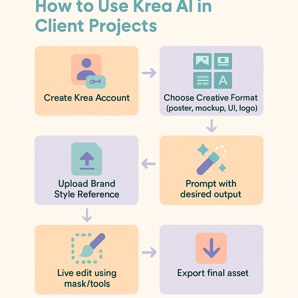 Flowchart with 6 stages: 1) Create Krea Account, 2) Upload Brand Style Reference, 3) Choose Creative Format (poster, mockup, UI, logo), 4) Prompt with desired output, 5) Live edit using mask/tools, 6) Export final asset. Use flat icons: login, upload, format icon, magic wand, edit tool, download arrow. Colors: modern pastel tech tone. Title: ‘How to Use Krea AI in Client Projects’