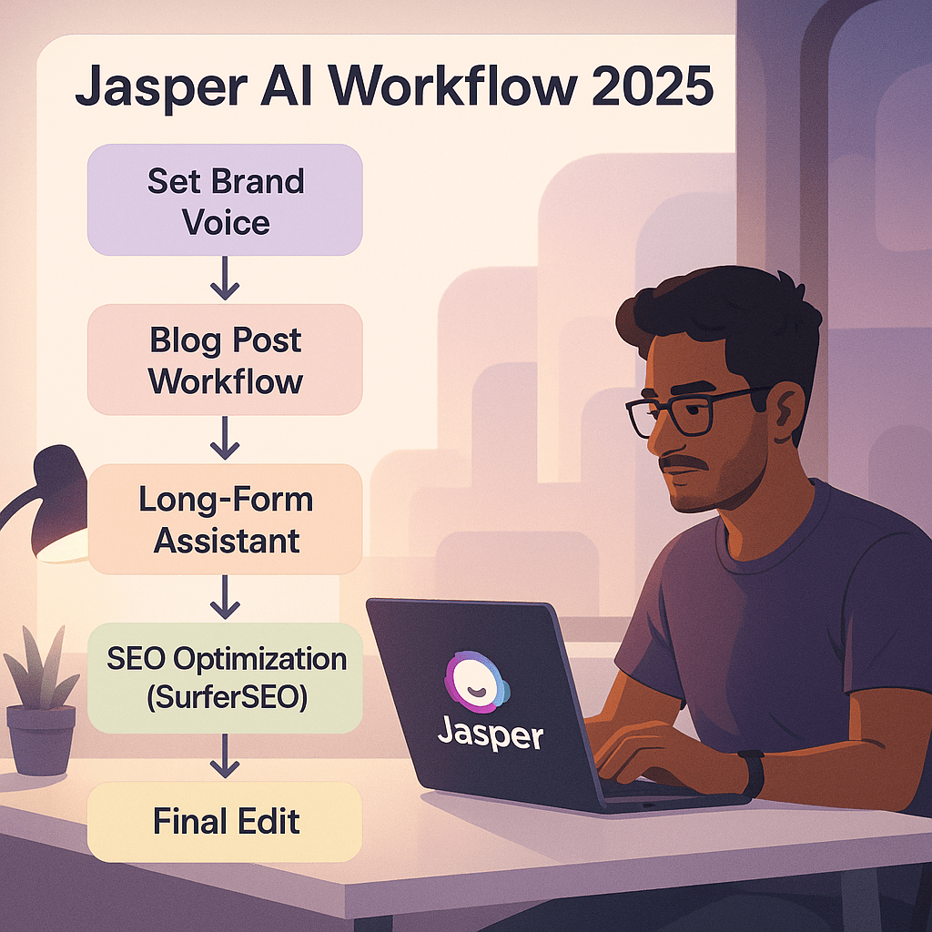 "A clean, modern flowchart showing the Jasper AI content creation process: Step 1 – Set Brand Voice, Step 2 – Blog Post Workflow, Step 3 – Long-Form Assistant, Step 4 – SEO Optimization (with SurferSEO), Step 5 – Final Edit. Minimalistic pastel colors, futuristic workspace background with a creator working on Jasper AI interface, cinematic warm lighting, text overlay: ‘Jasper AI Workflow 2025