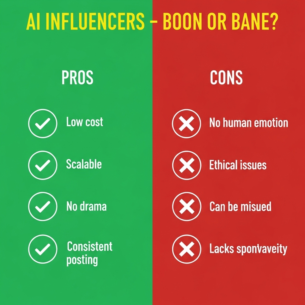 Split infographic with left side Pros (green check icons): Low cost, scalable, no drama, consistent posting; and right side Cons (red cross icons): No human emotion, ethical issues, can be misused, lacks spontaneity. Title: ‘AI Influencers – Boon or Bane?’ in bold yellow.