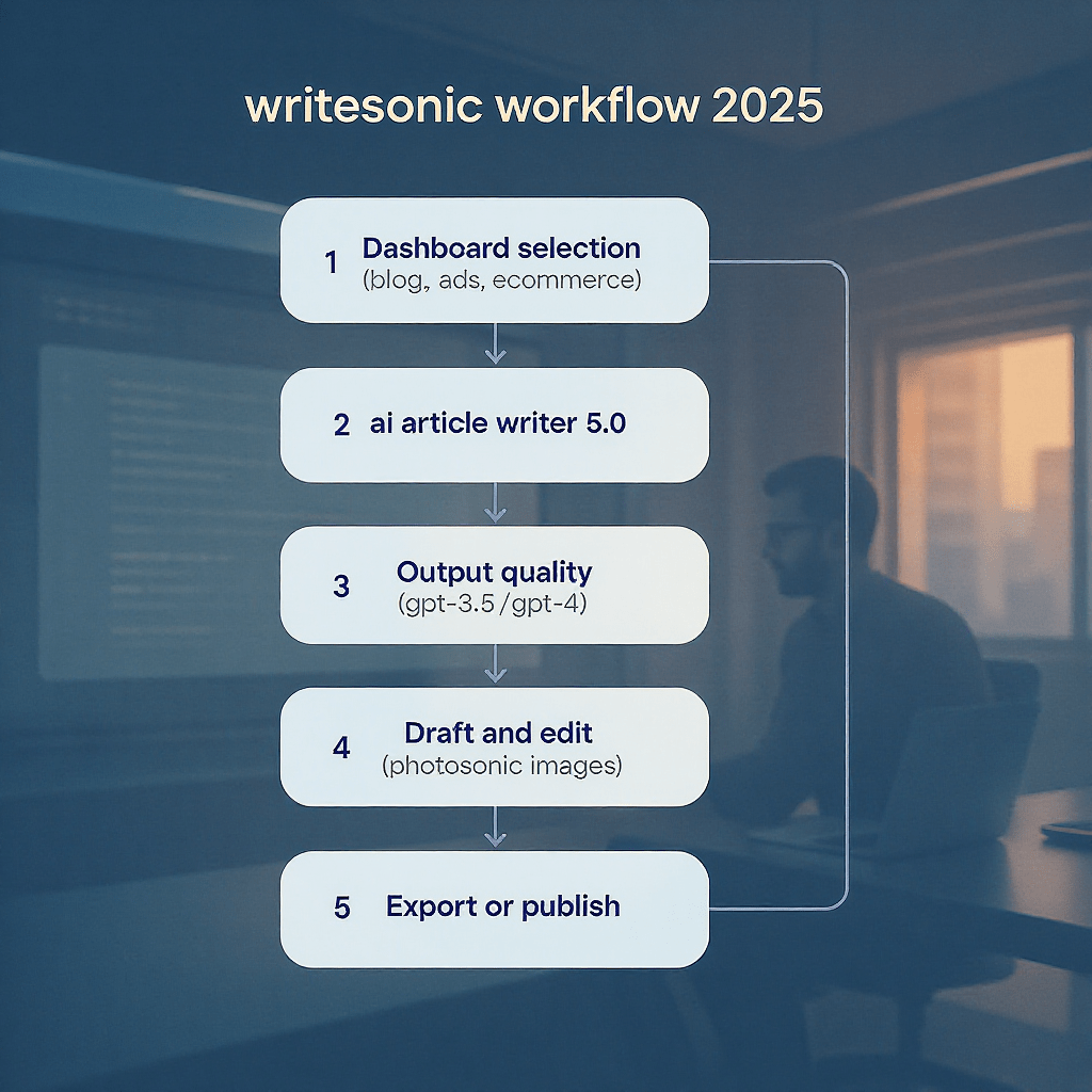 Professional and clean flowchart showing Writesonic content creation workflow in five steps. Step 1: Dashboard Selection (Blog, Ads, Ecommerce), Step 2: AI Article Writer 5.0, Step 3: Output Quality (GPT-3.5 / GPT-4), Step 4: Draft and Edit (Photosonic Images), Step 5: Export or Publish. Use simple minimalistic style with soft rounded boxes, clear readable text, balanced spacing, neat arrows connecting steps, pastel blue and white color theme, no text or boxes going out of frame. Add a futuristic Indian creator workspace in the background with a person on a laptop, cinematic warm light, and a small header text: ‘Writesonic Workflow 2025’ in clean sans-serif font